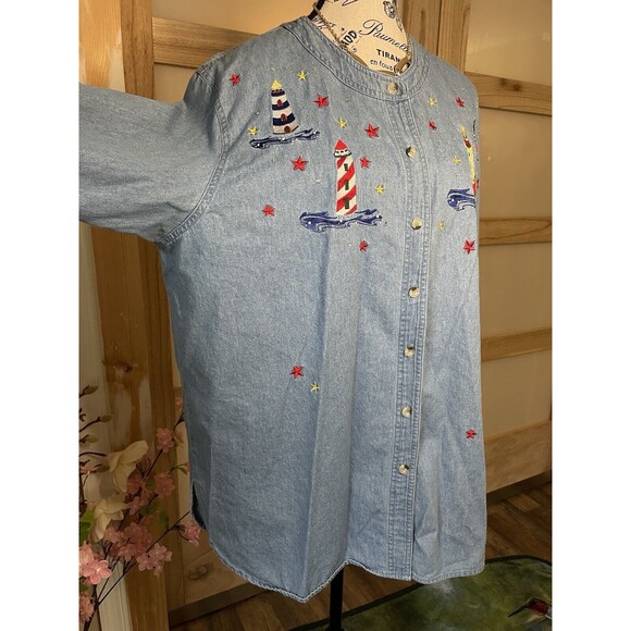 Quacker Factory Vintage Embroidered Nautical Denim Long Sleeve Button Down Sz 1X - Picture 4 of 12